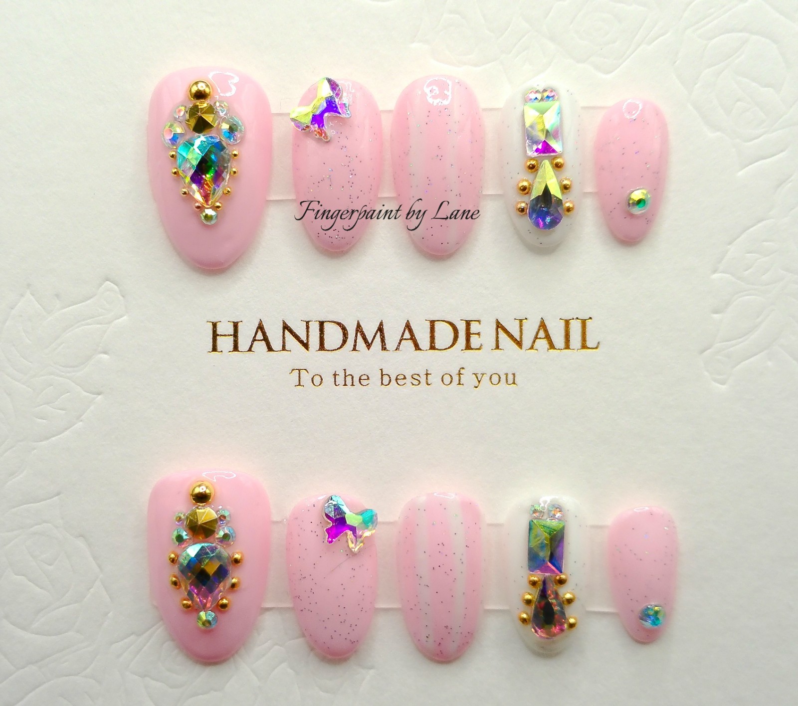 Short Oval Pink and White with Arora Gems Press On Nails – Medium Size