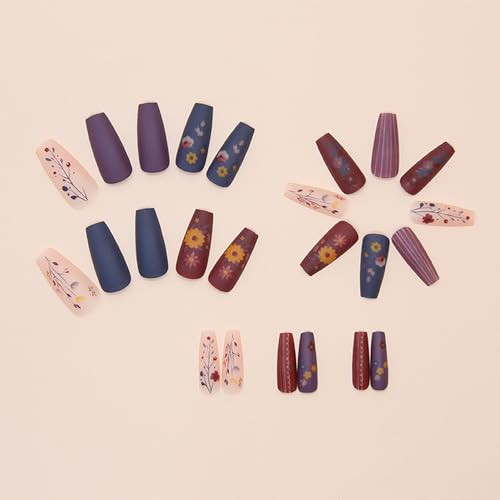 Colorful Flower Press on Nails Medium Ballet Shaped Coffin Nails Matte Stripe