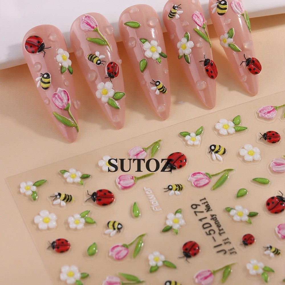 Ladybug Nail Art Stickers 3D Animal Bird Bee Decal Daisy Turnip Flower JI5D179
