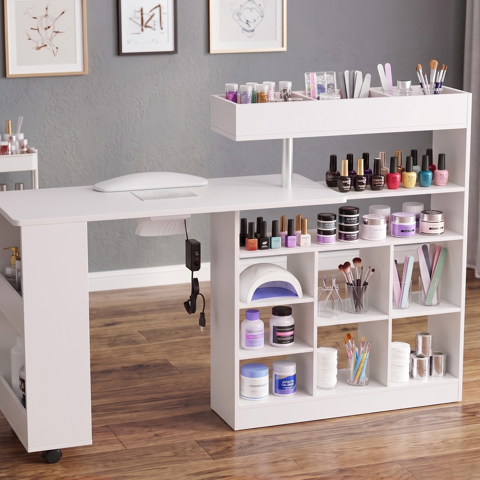 L Shaped Manicure Table with Wrist Rest & 180° Swivel Desktop and Dust Collector