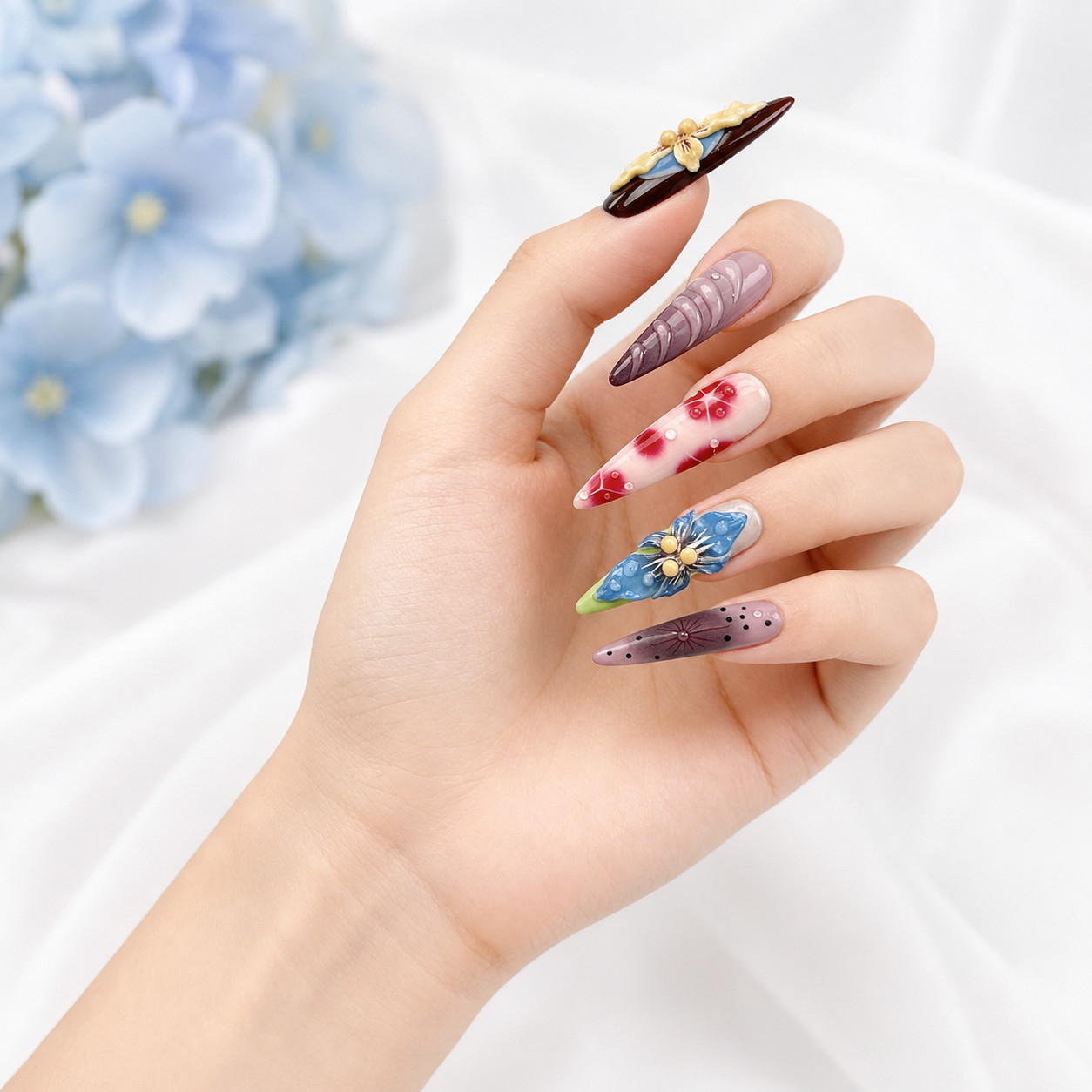 Press On Nails Extra Long Stiletto 3D Flower Butterfly Water Drop Y2K Nail Set