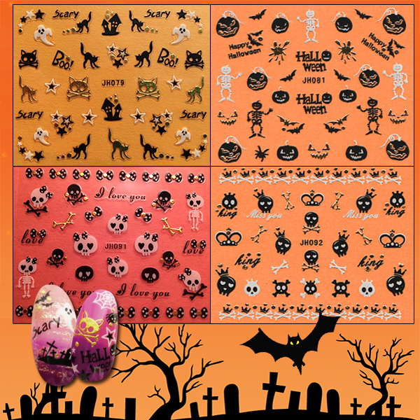 Halloween ! Nail Art Stickers Self-adhesive 3D Gold Pumpkin Vampire Spider Skull
