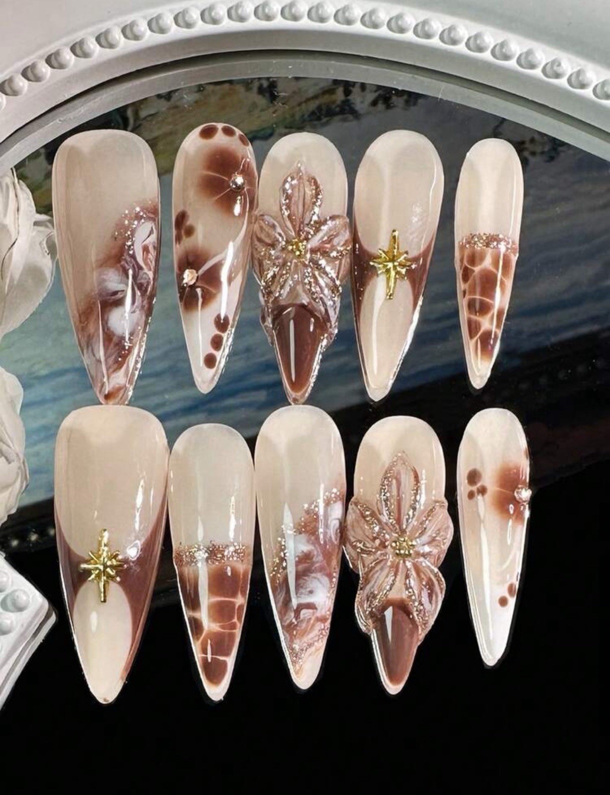 ENEN Medium Almond 3D Floral Press-On Nails Beige Brown Gold Full Cover