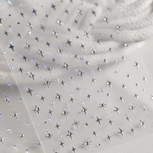 1Sheet Silver Star Nail Decals 5D Embossed Self-Adhesive Diamond Star y2k star