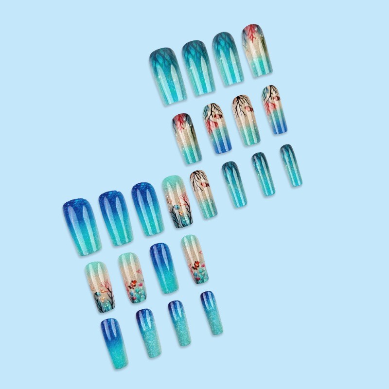 48pcs-Underwater Press on Nails, Blue Ombre with Coral, Fish and Glitter Accents