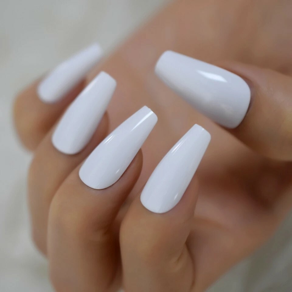 White Press On Nails Glue On Matte or Glossy Long Coffin 24