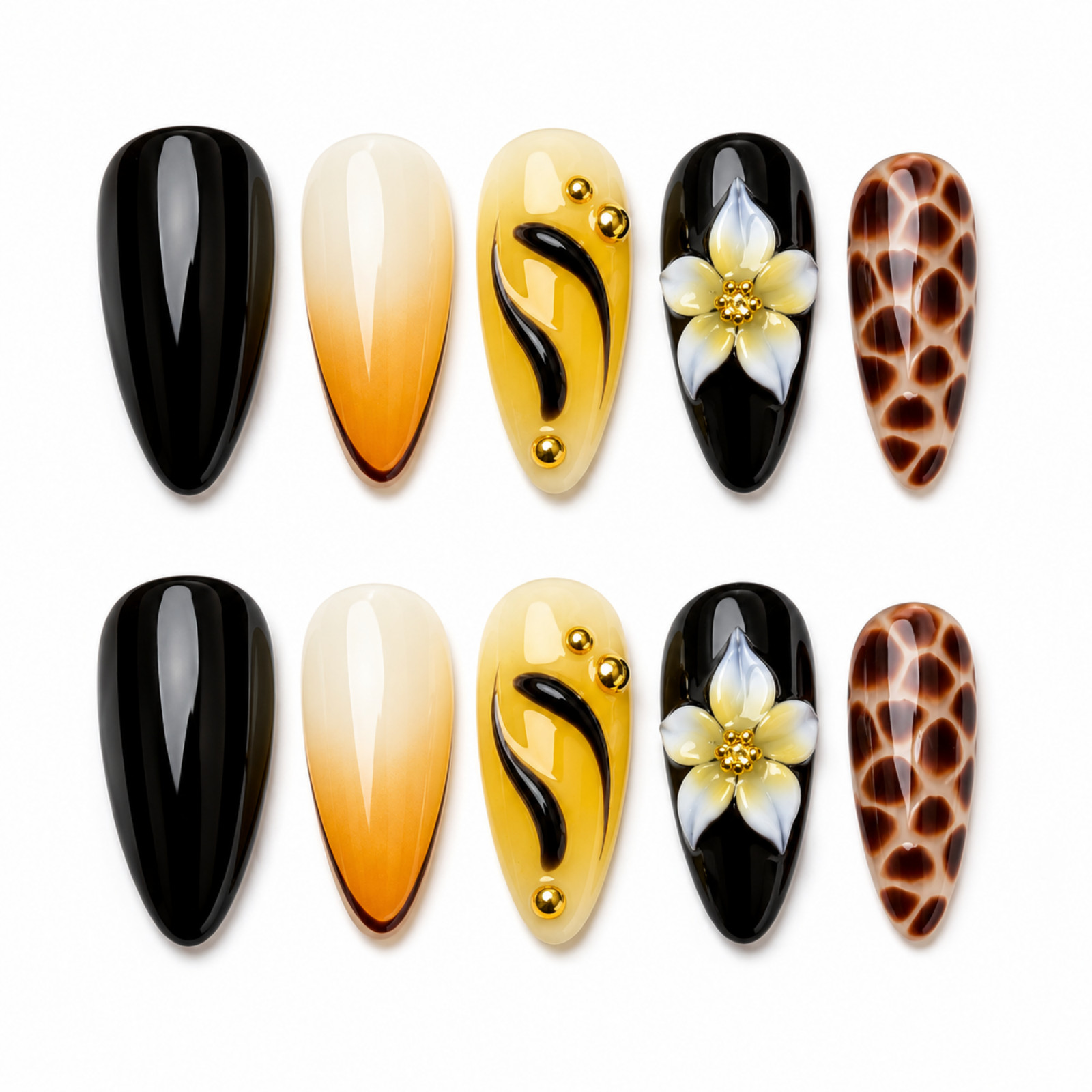 Handmade Black Amber 3D Floral Leopard Press On Nails Custom Set