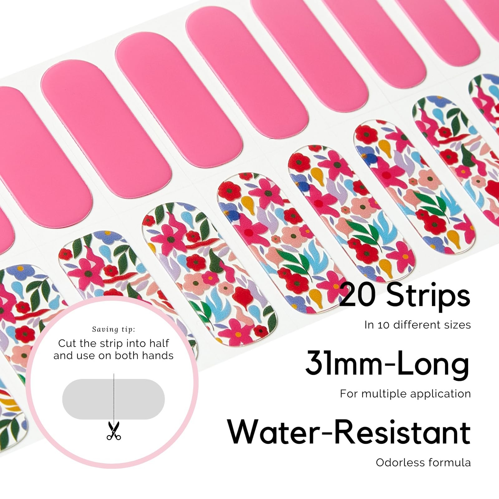 Semi Cured Gel Nail Strips, 20 Pcs Pink Flowers Long Lasting Stickers Extra L…