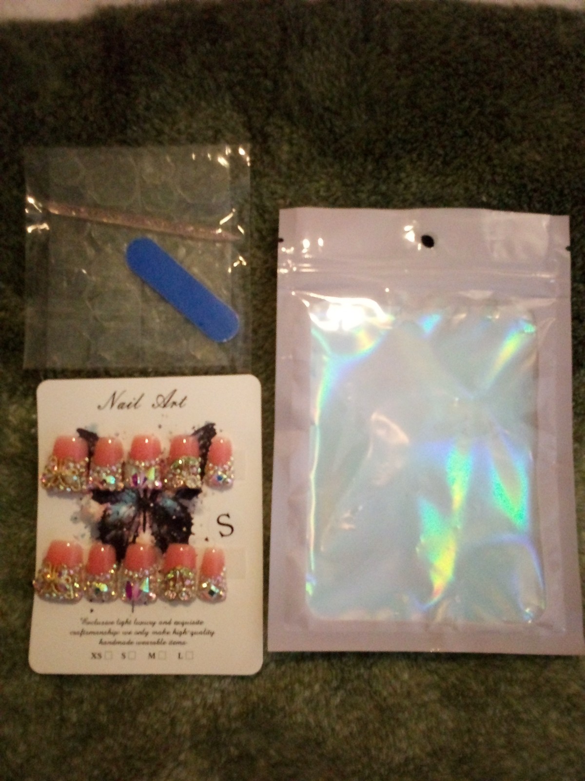 3D Shiny Press-On Nails Pink Gold Multicolor Rhinestones Full Cover Pre-Designed