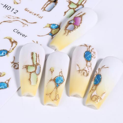 Nail Art Sticker Decals 3D Embossed Black Gold Blue Green Design Nail Marbling