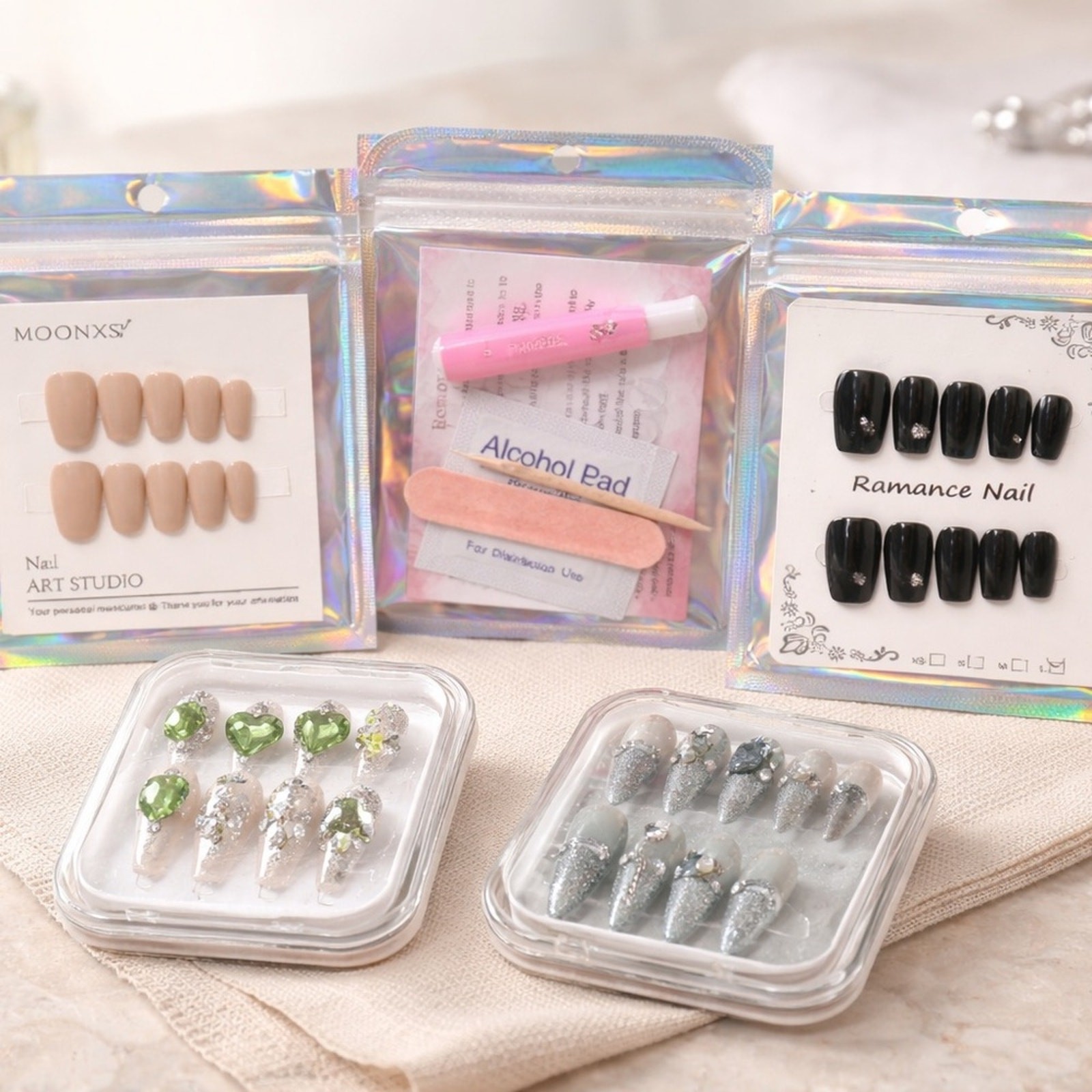 Assorted Nail Art Set with Green, Nude and Blue Silver Designs w/ Nail Kit