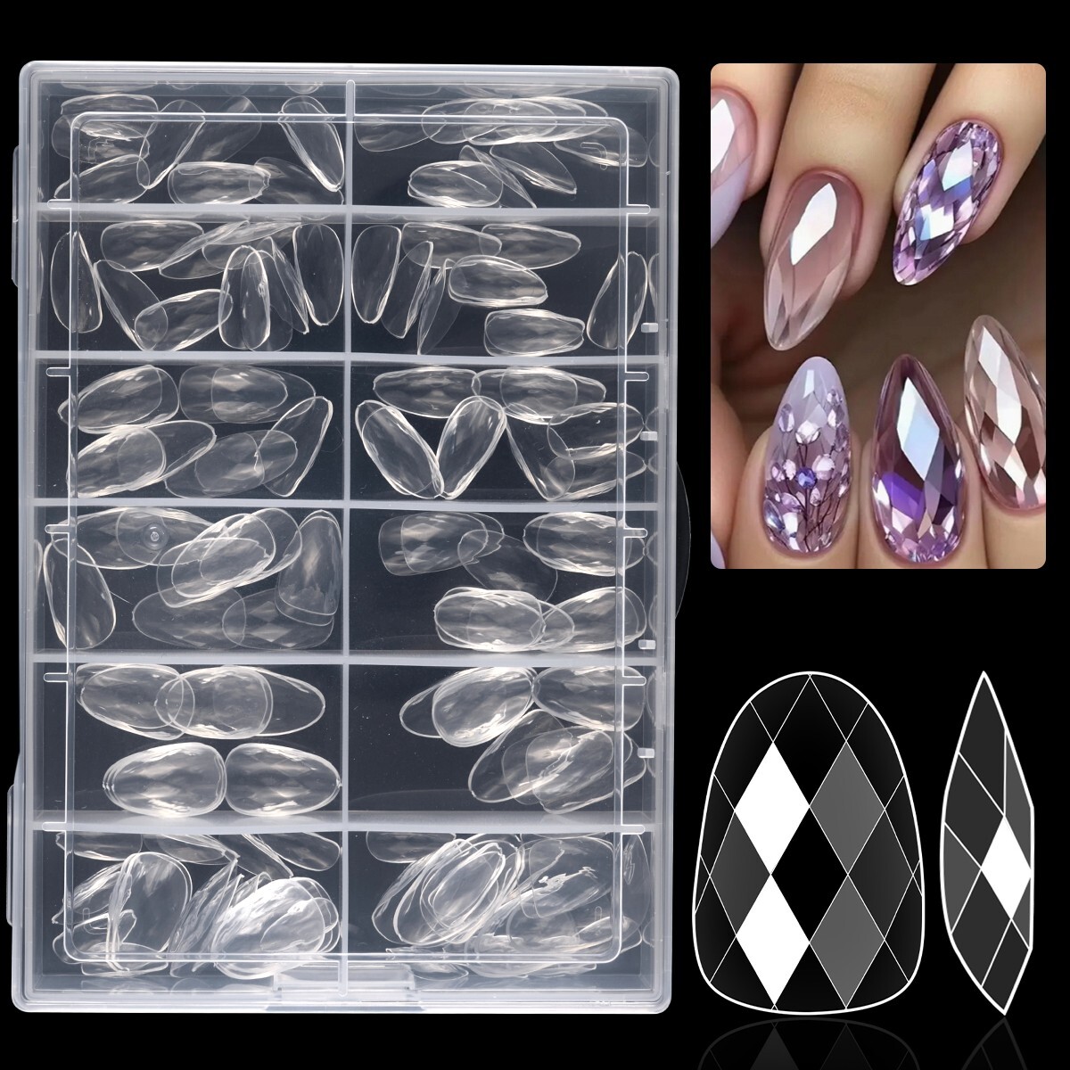 3D Diamond Rhombus Soft Gel Tips Seamless Full Cover Clear False Press On Nails