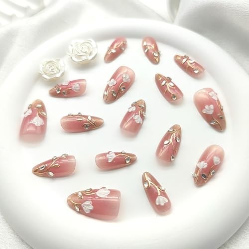 30Pcs 3D Flower Press on Nails Almond Medium Chrome Rhinestones Glitter Designs