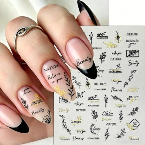 Black Gold Nail Art Stickers Decals Leaf Letter 3D Nail Decals for Nail style13