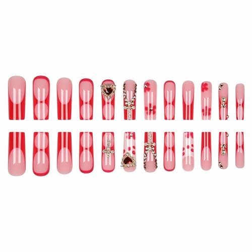 Press on Nails Long Square Fake Nails Red French Tip Acrylic Nails FNP01red
