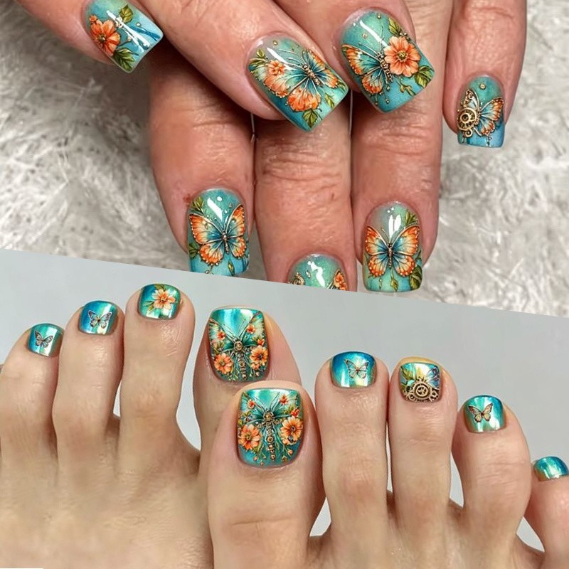 48Pcs Lake Blue Steampunk Nails, Butterfly Flower Design for Fingers & Toes