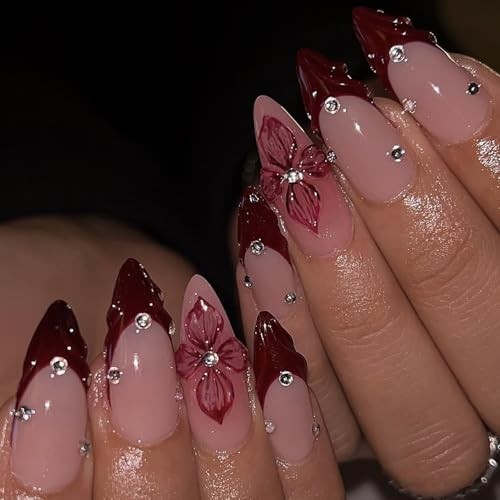 Press on Almond Nails Short Length Glossy Red French and Red Floral Rhinestone