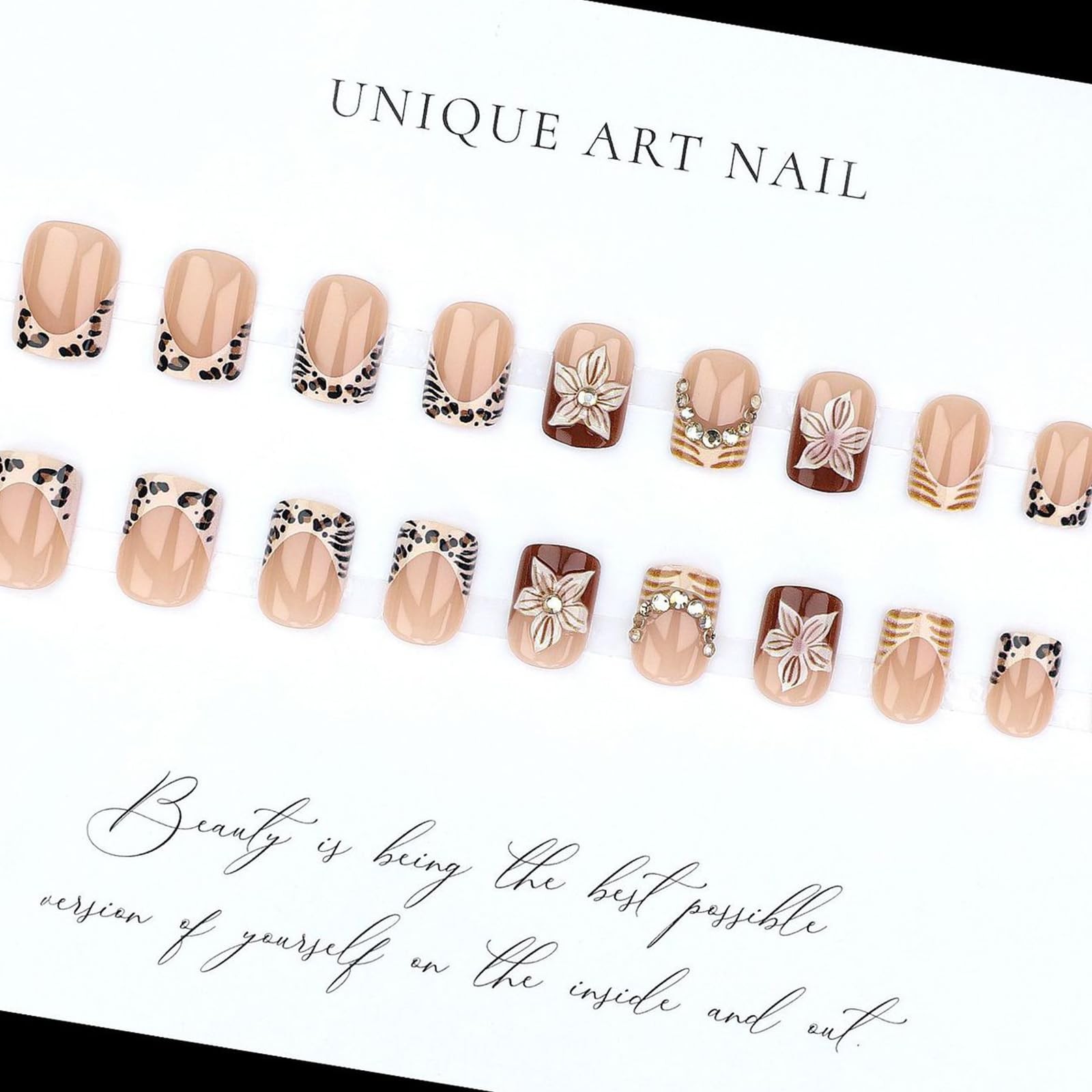 Jremg Leopard Print French Tip Press on Nails Short Square, Multicolor
