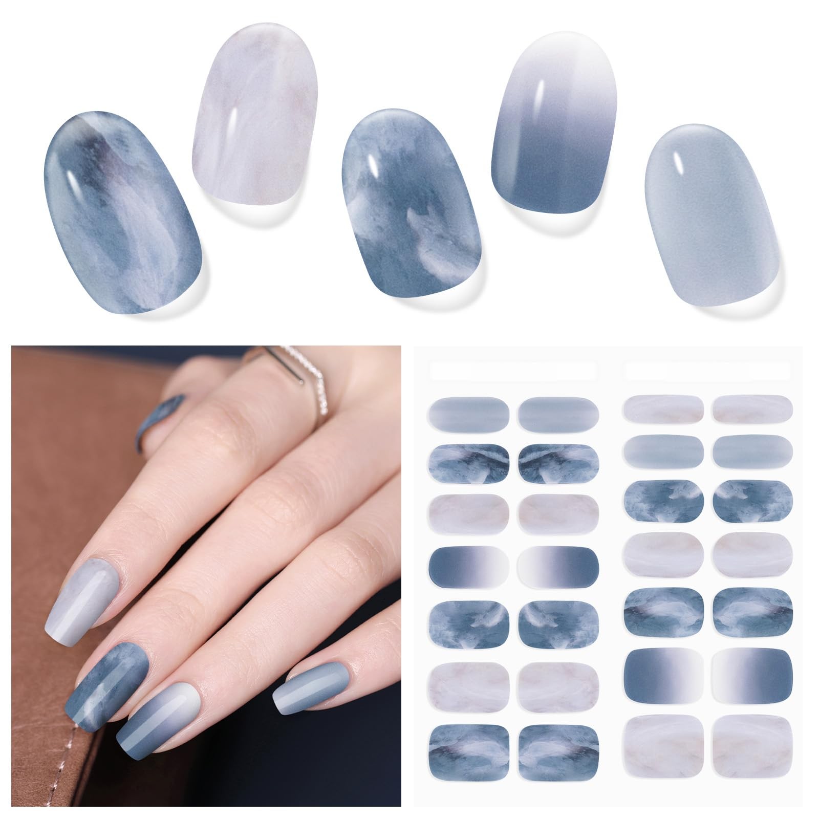 Semi Cured Gel Nail Strips, 28 pcs UV Gel Nail Stickers for Women Work with Any