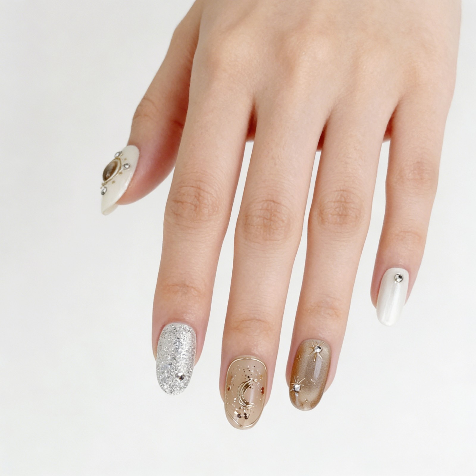 Gilded Galaxy Press On Nails Oval Metallic Rhinestone Handmade Set Gift For Her