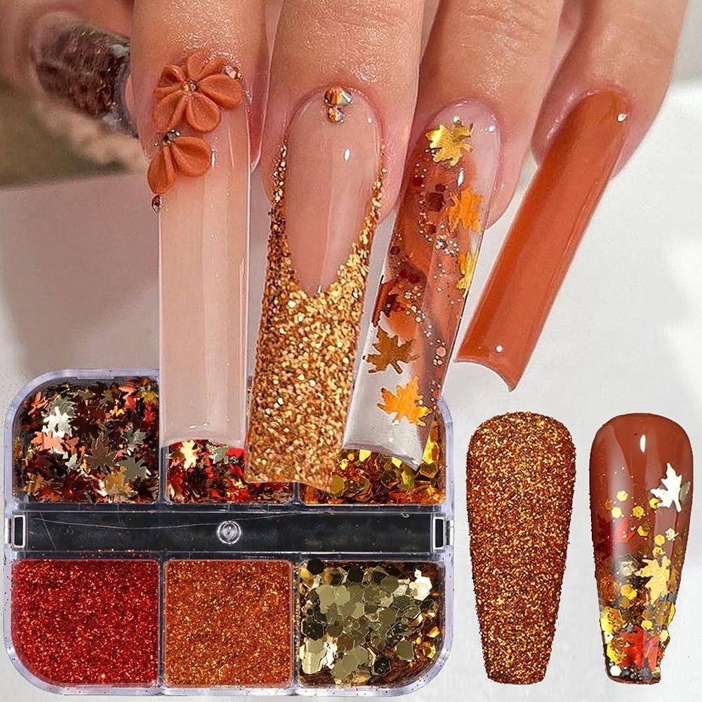 Fall Glitter Nail Art Sequins 6 Box Set Maple Leaf Gold Flakes 3D Decor