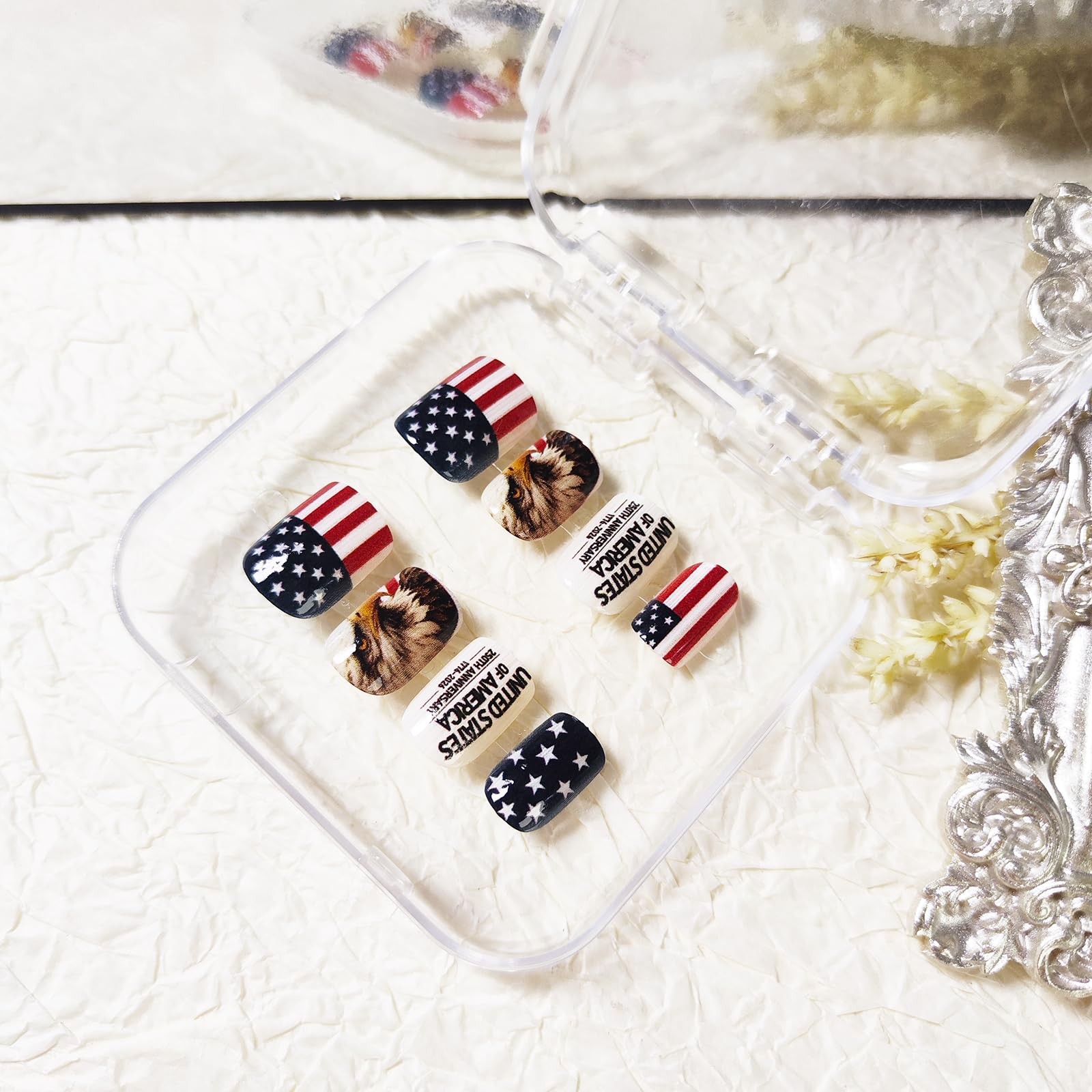 24Pcs 250th Anniversary Press Nails Short Square 4th July American Flag