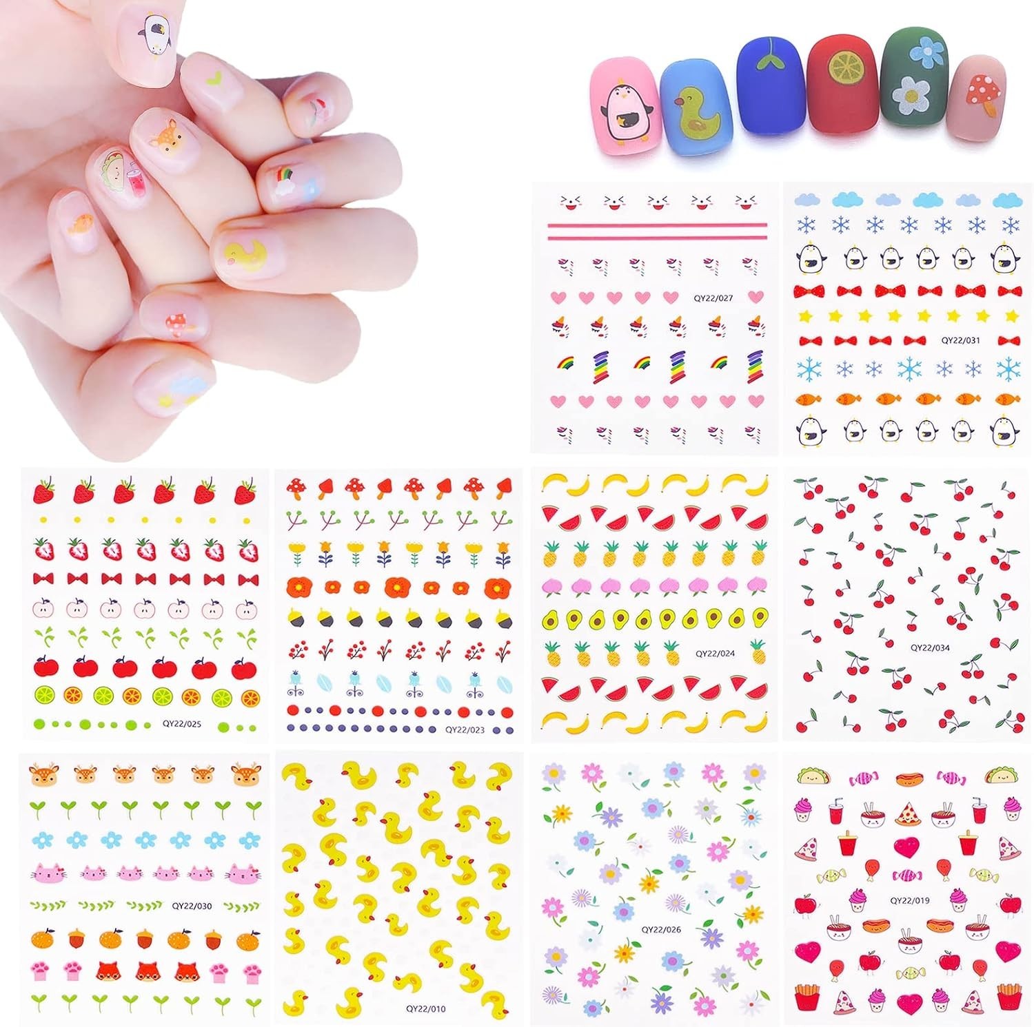 10 Sheets Cute Nail Stickers for Kids Including Animals Fruits Flowers Food R…