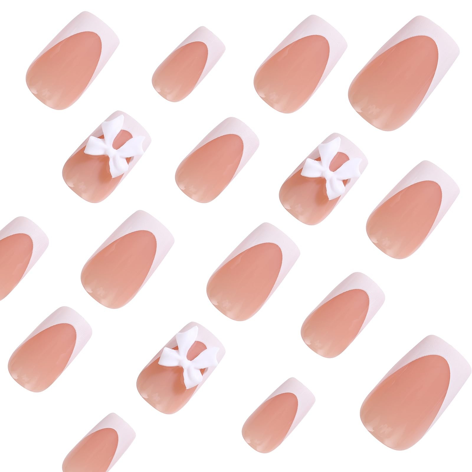 24Pcs Pink French Tip Press On Nails – Short Square Glossy Nude Fake Nails, F…