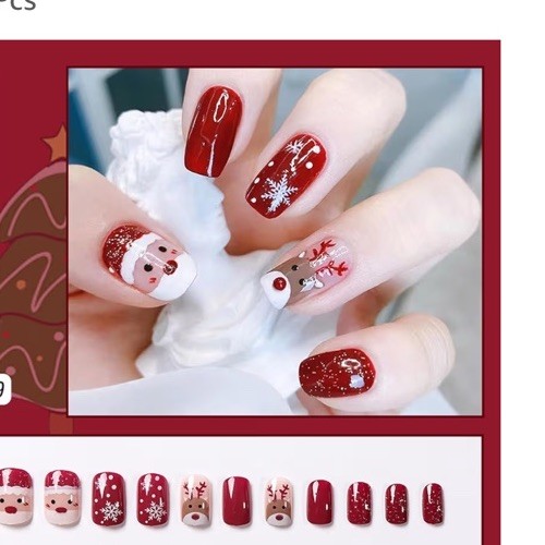 Pink Nude Press On Nail Set with Festive Santa Reindeer & Snowflake Designs