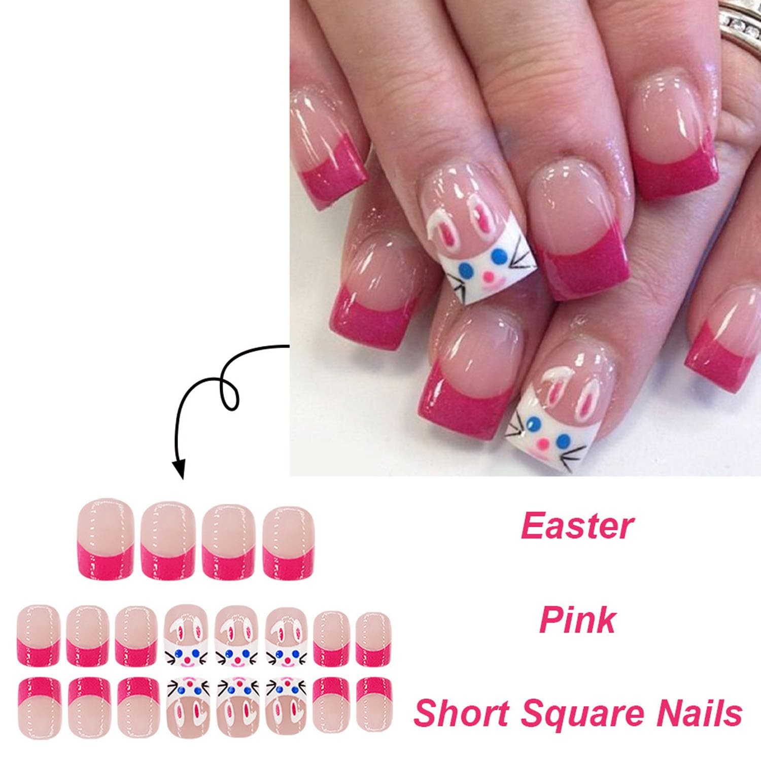 Easter Press on Nails Short Pink French Fake Nails Cute Rabbit Design Square …