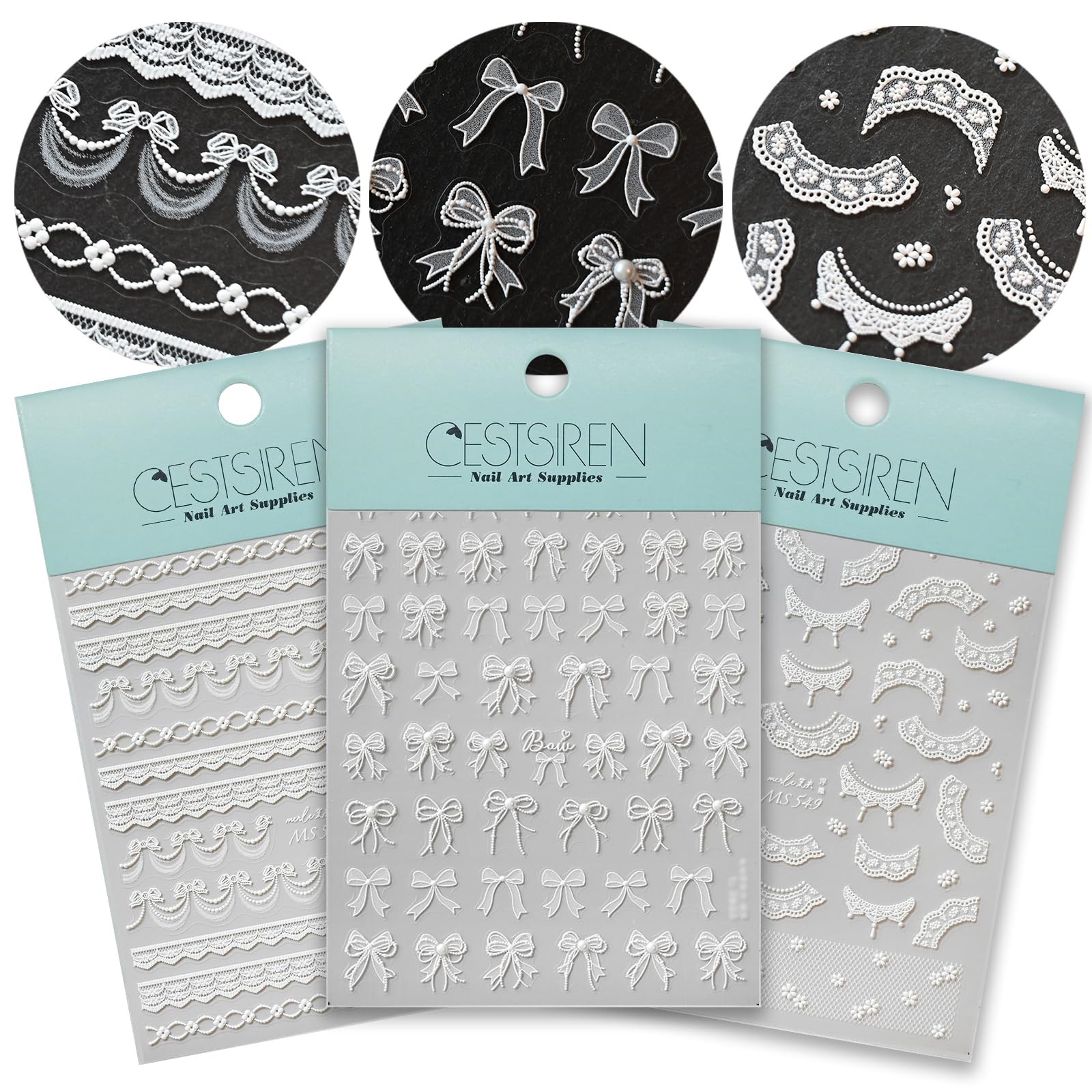 White Bow Lace Nail Art Stickers 5D Embossed Pearl Nail Decals for Nail Art D…