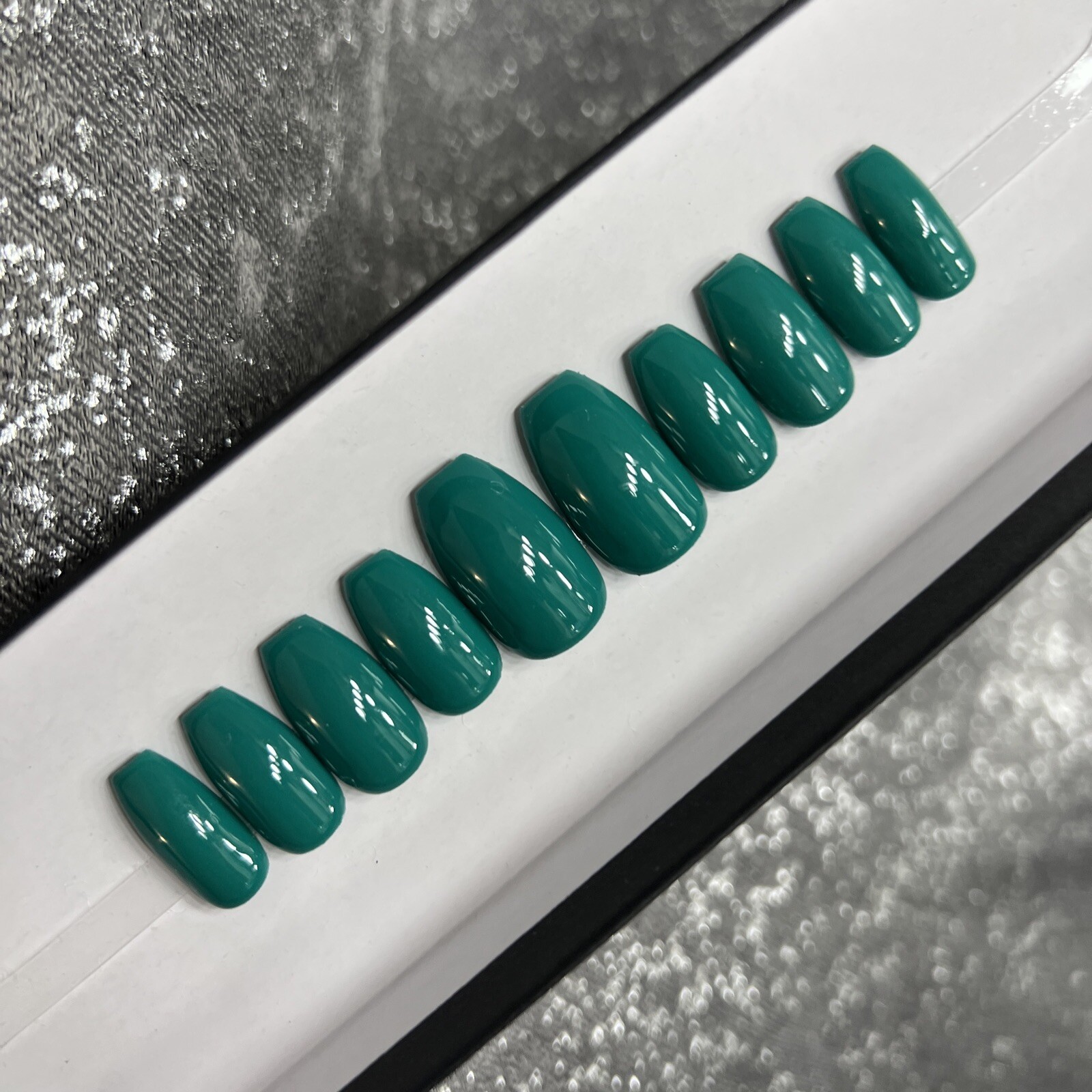 🔥 CUSTOM Gel Press On Nails, ￼ ￼Blue Green, Ballerina short, 10p Set W FULL KIT