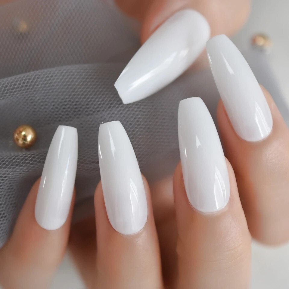 24 Press on nails Kit w Glue Milky White Long coffin