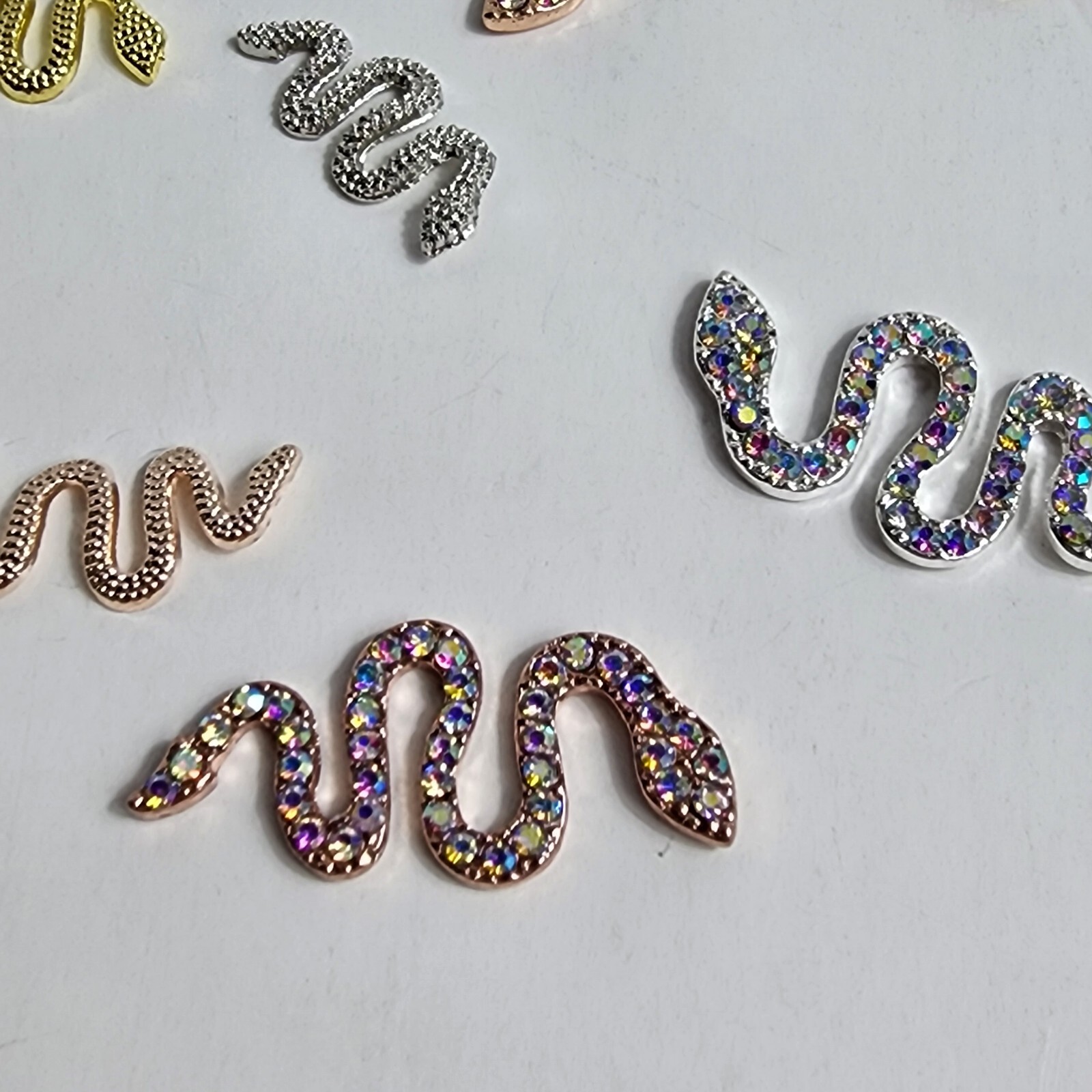 24 3D Metal Snake Nail Art Charms Gold Silver Black Snake Rhinestone Gems Decor