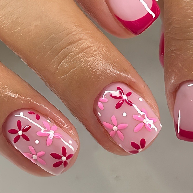 48 Pcs of Spring/summer Pink Flower Short Gloss Detachable and Reusable Nail Art
