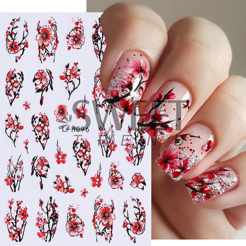 3Sheets Red Nail Art Stickers Decals Hibiscus Cherry Flowers Floral Wasp NH28