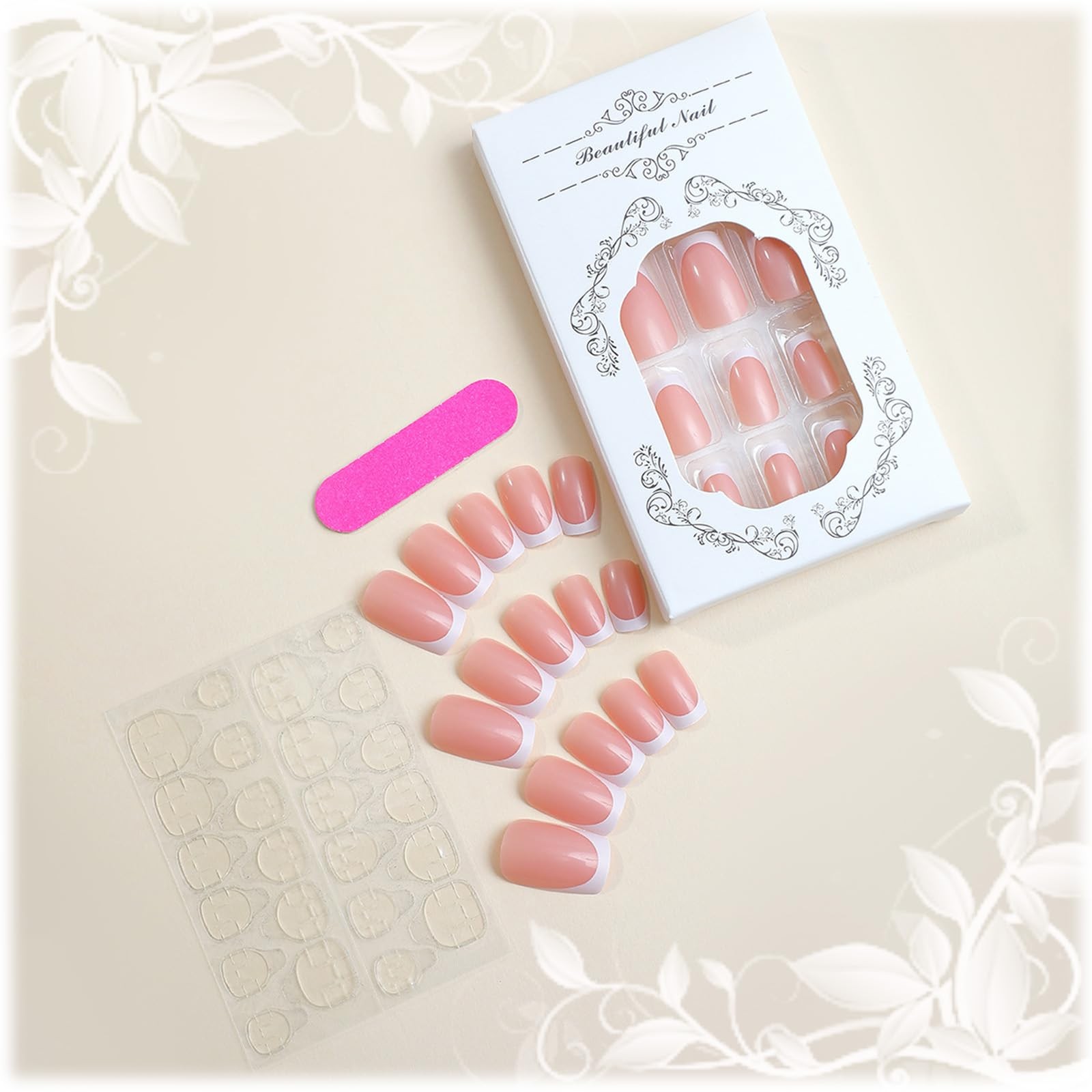 24Pcs White French Tips Press on Nails with Simple Design, Glossy Nude Medium