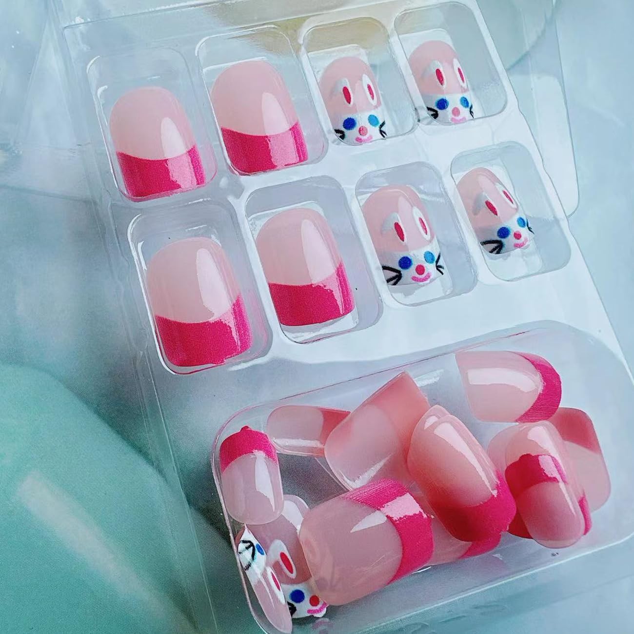 Easter Press on Nails Short Pink French Fake Nails Cute Rabbit Design Square …