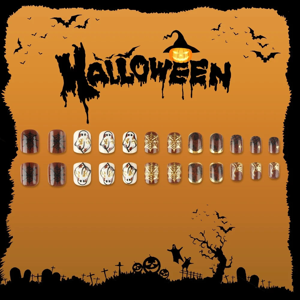 24pcs Amber Halloween Press Nails Set with gilding Spiderweb & cute ghost