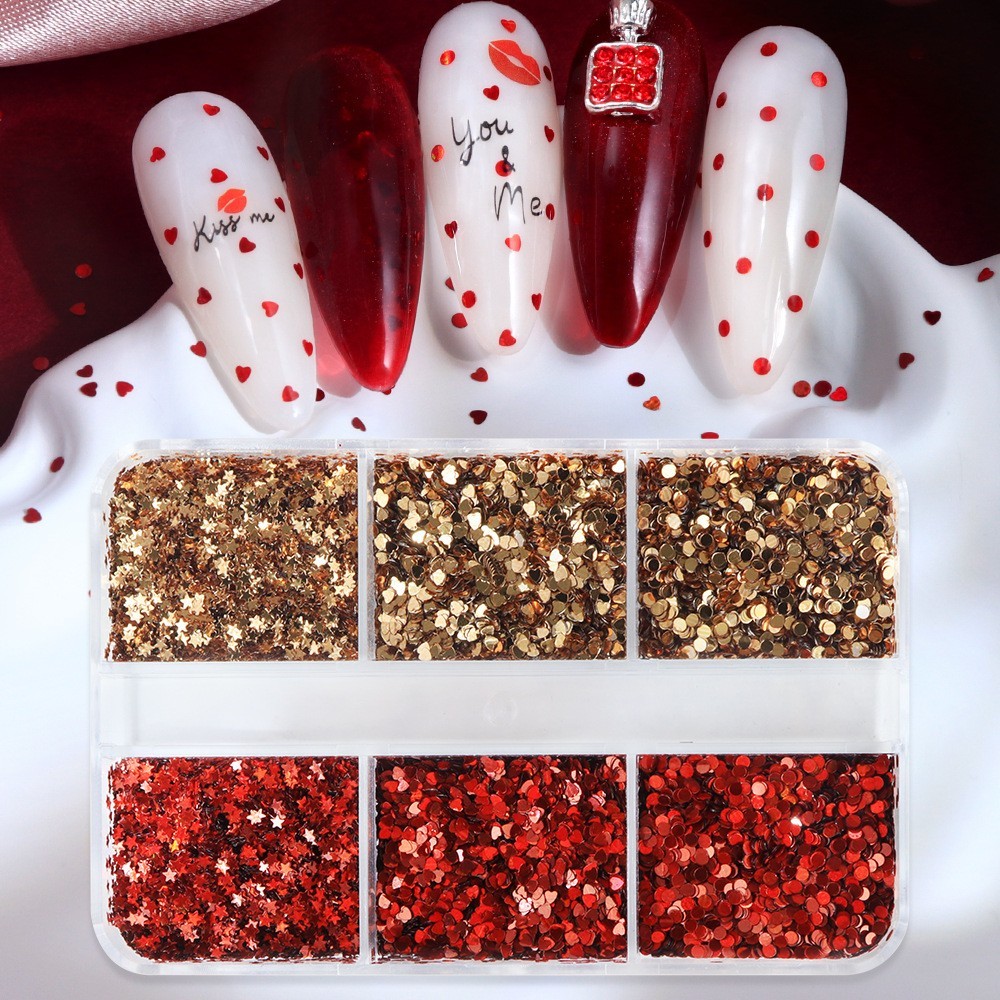 6 Grids Valentine Nail Glitter Sequins Heart Star Nail Art Decoration Sizes 1MM