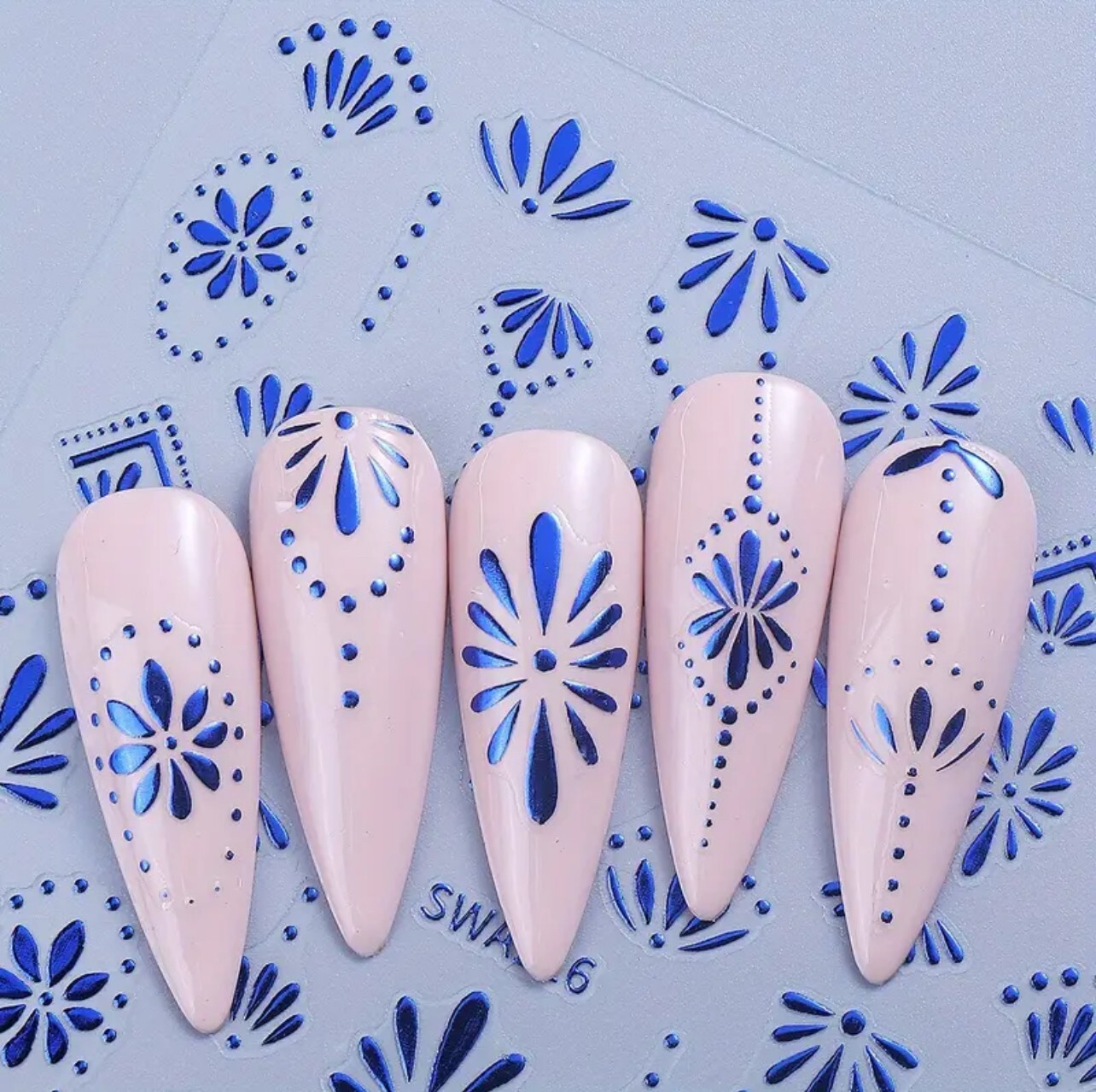 3D Nail Art Stickers Metallic Bohemian Floral Blue Gold Silver Boho DIY (SWA116)