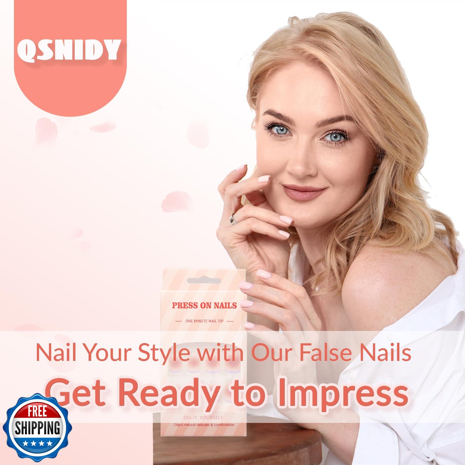Qsnidy Chrome Press On Nails Almond, Glazed Pearl White Glue on Nails Medium