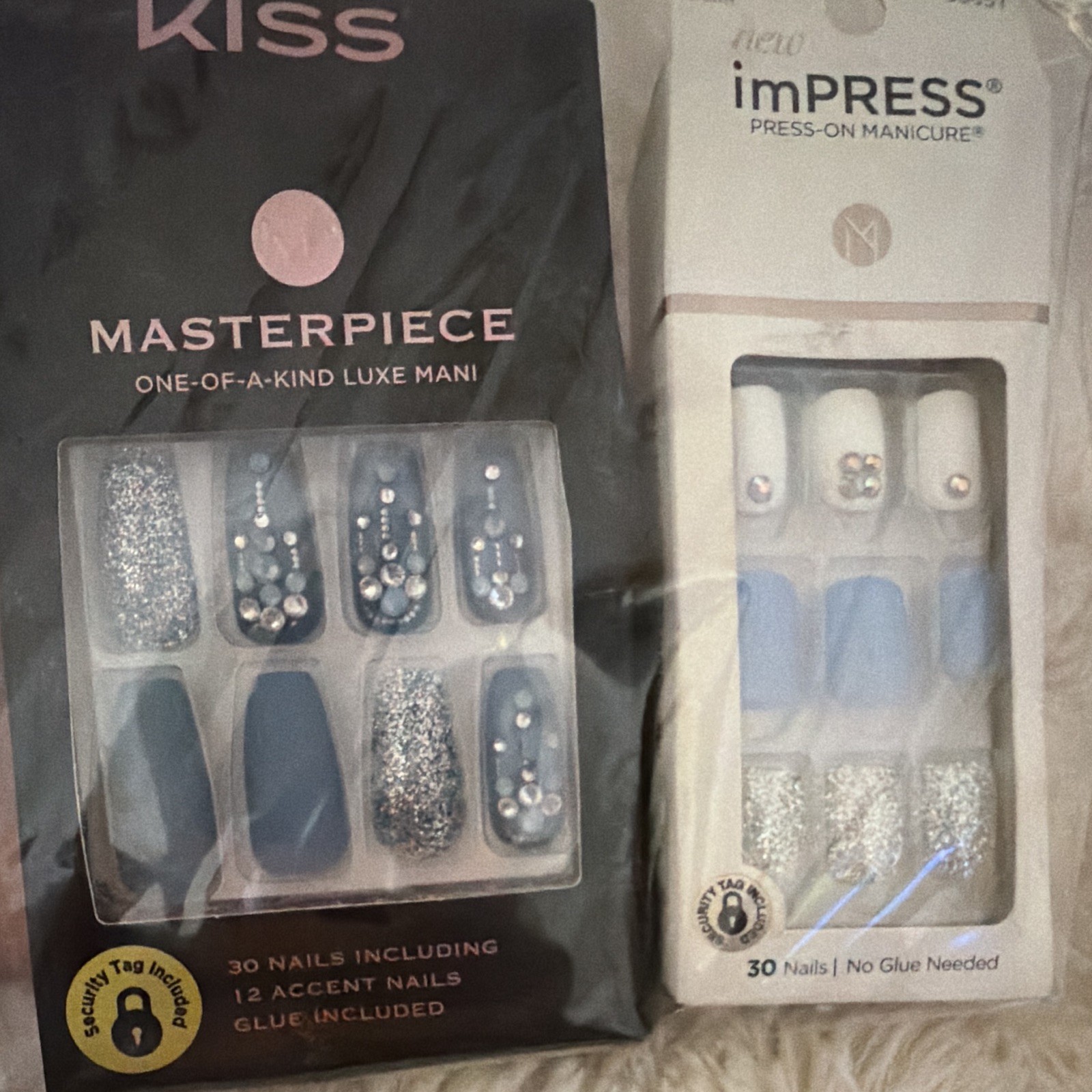 KISS Press-On Nails Long Coffin Pink/Blue Abstract Shiny Full Cover w/Glue