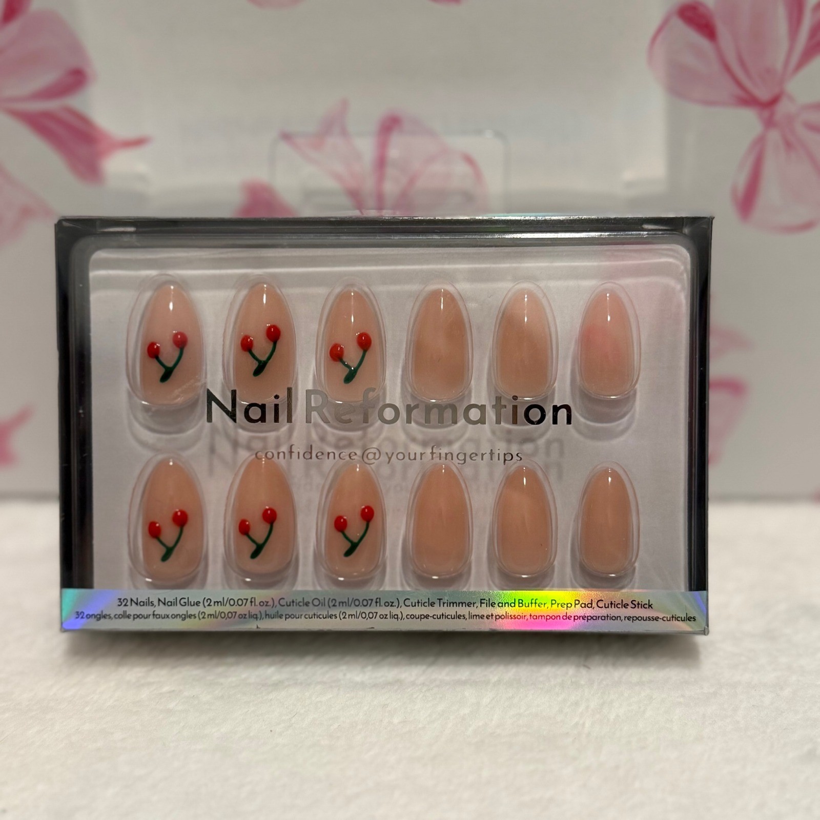 Nail Reformation Almond Press On Nails Cherry Design Manicure Set 32 Pieces