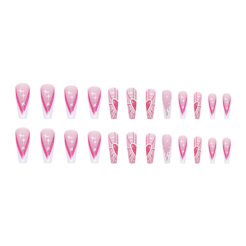 Pink Long Fake Nails With Spider Web Printed Charming Manicure Nails Press On