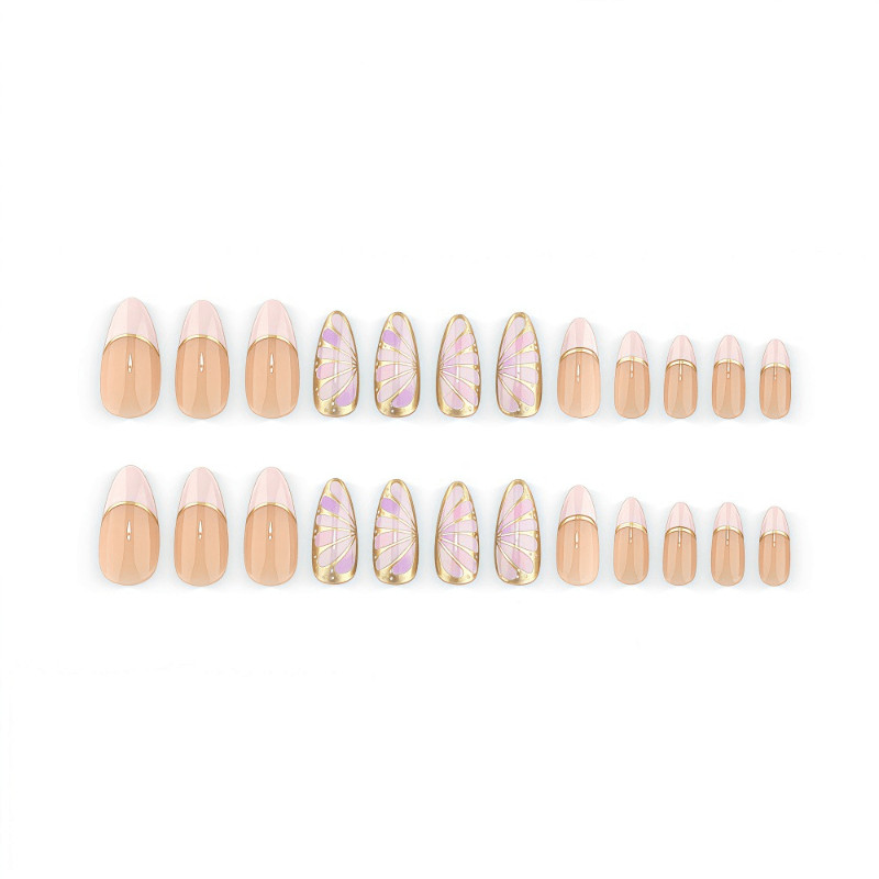 48 Pcs Gold Line Shell Gradient Oval Press on Nails, Soft Beach Nude Fake Nails