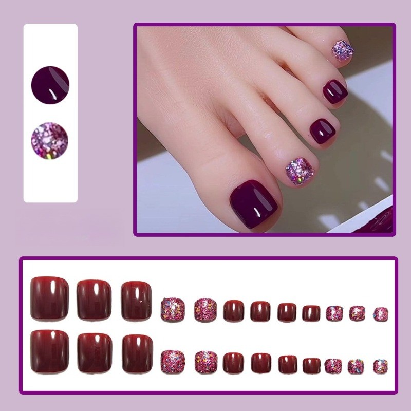 48pcs-Plum Purple Nails, Press on Toenails with Sparkly Pink Glitter Details