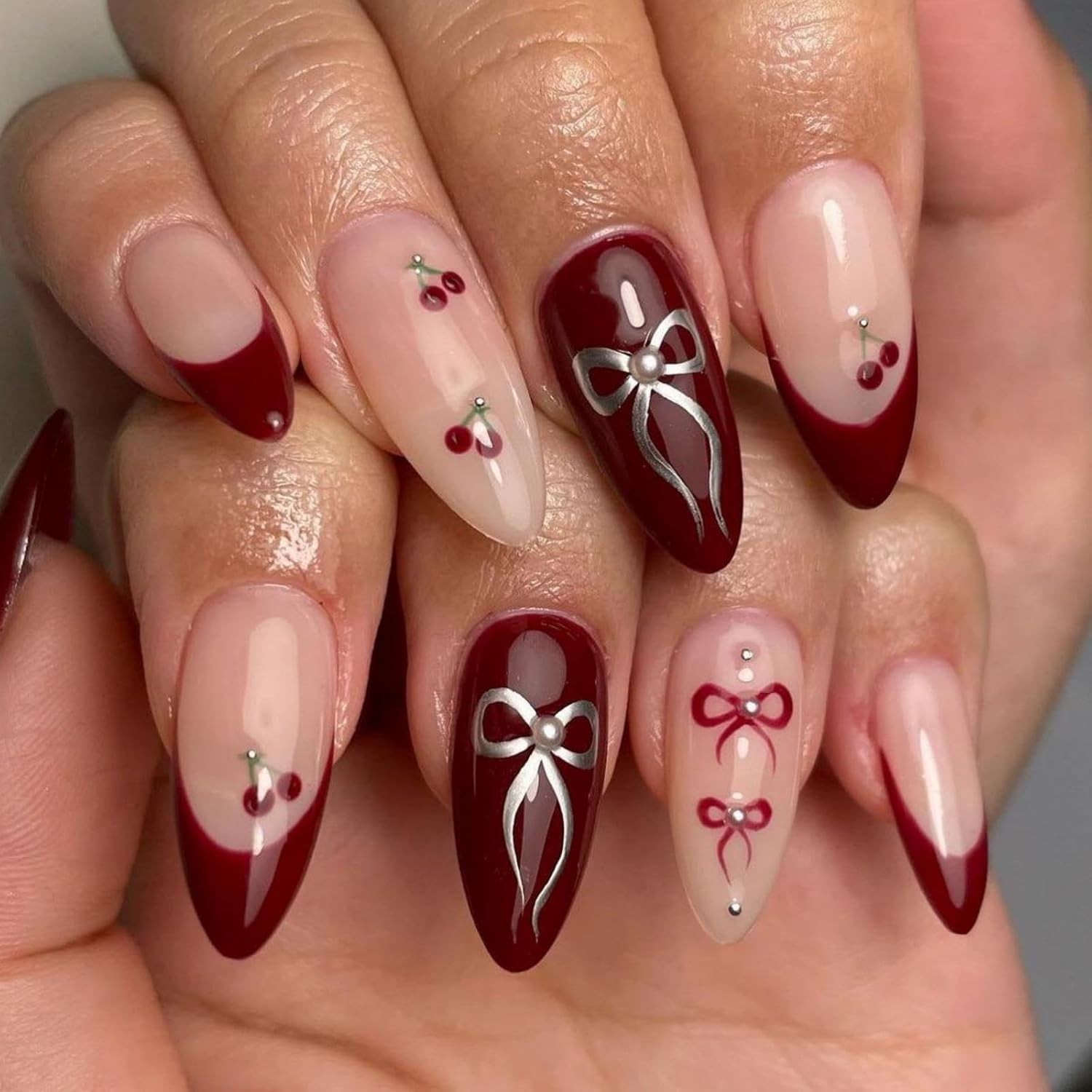 Red French Tip Press on Nails Cherry Fake Nails Short Almond False Nails with…