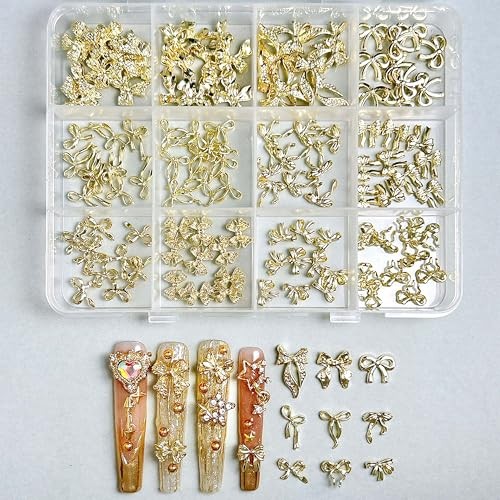 120Pcs 3D Gold Bow Nail Charms, 12 Designs Assorted 3D Metal Bow Nail Set 01