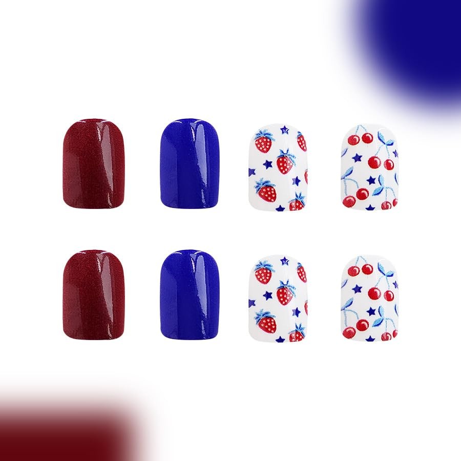 24Pcs 4th of July Press on Nails – Blue Red Short Square Acrylic False Style11
